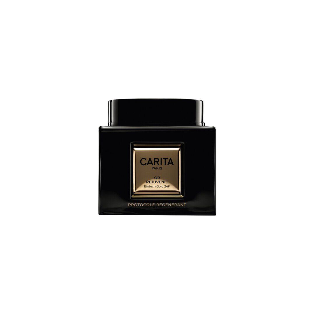 An elegant black square jar of Carita Or Rejuvenic 24K "Protocole Regenerant". Its golden label evokes luxury and innovation, promising exceptional regeneration for sublimated skin.