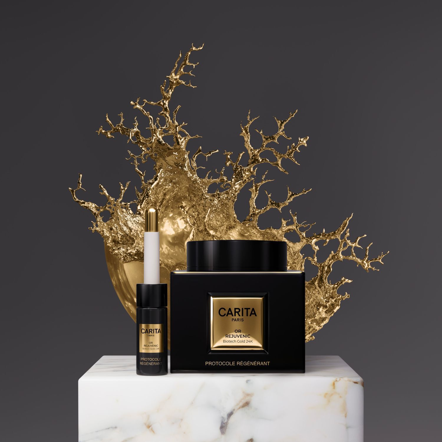 Carita Paris "Or Rejuvenic Biotech Gold 24K" and "Protocole Regenerant" products on a marble stand with a golden, coral-like sculpture.