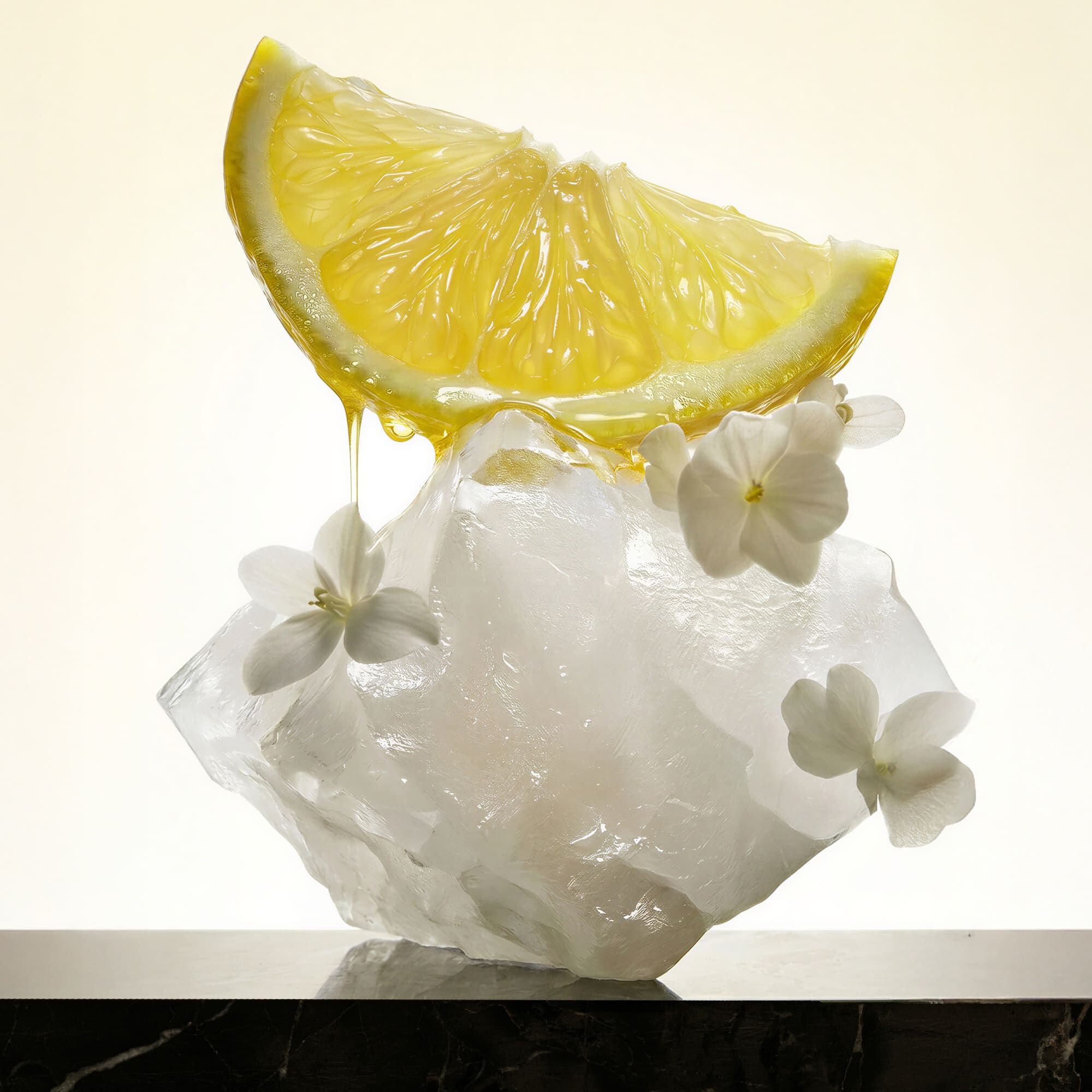 A lemon slice on ice with white flowers. The expression of a fresh and elegant fragrance, blending vibrant citrus notes with floral sweetness