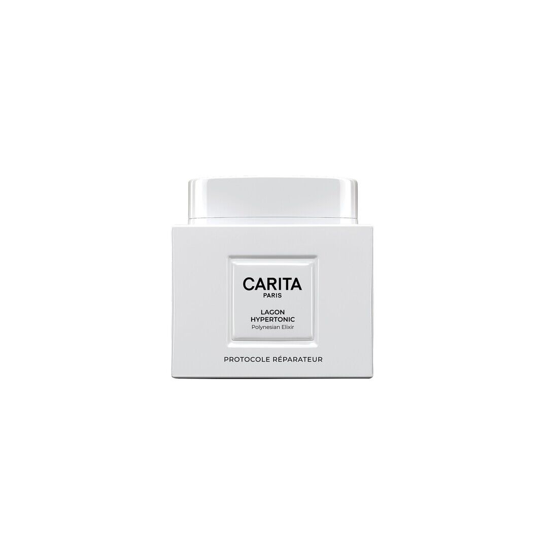 A pure white square jar of Carita Lagon Hypertonic "Protocole Reparateur". Its minimalist aesthetic reflects the promise of intense repair and deep hydration, for serene skin.